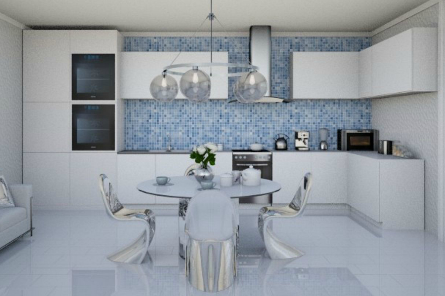 Кухня Скандинавский стиль фартук синий цвет настроения белая 